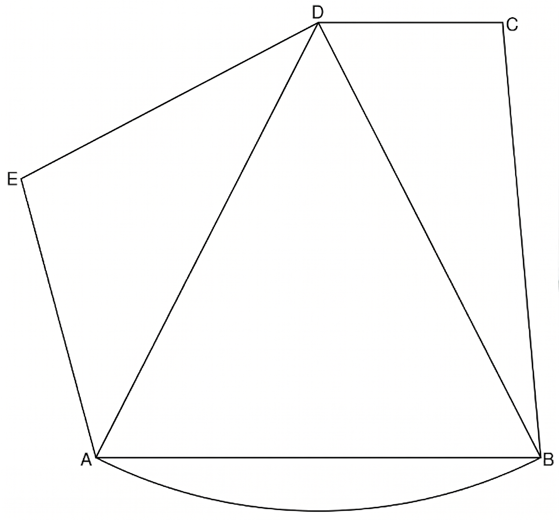 Geometrische Zeichnung mit Punkten A, B, C, D, E, Dreieck A-D-B und Bogen zwischen A und B